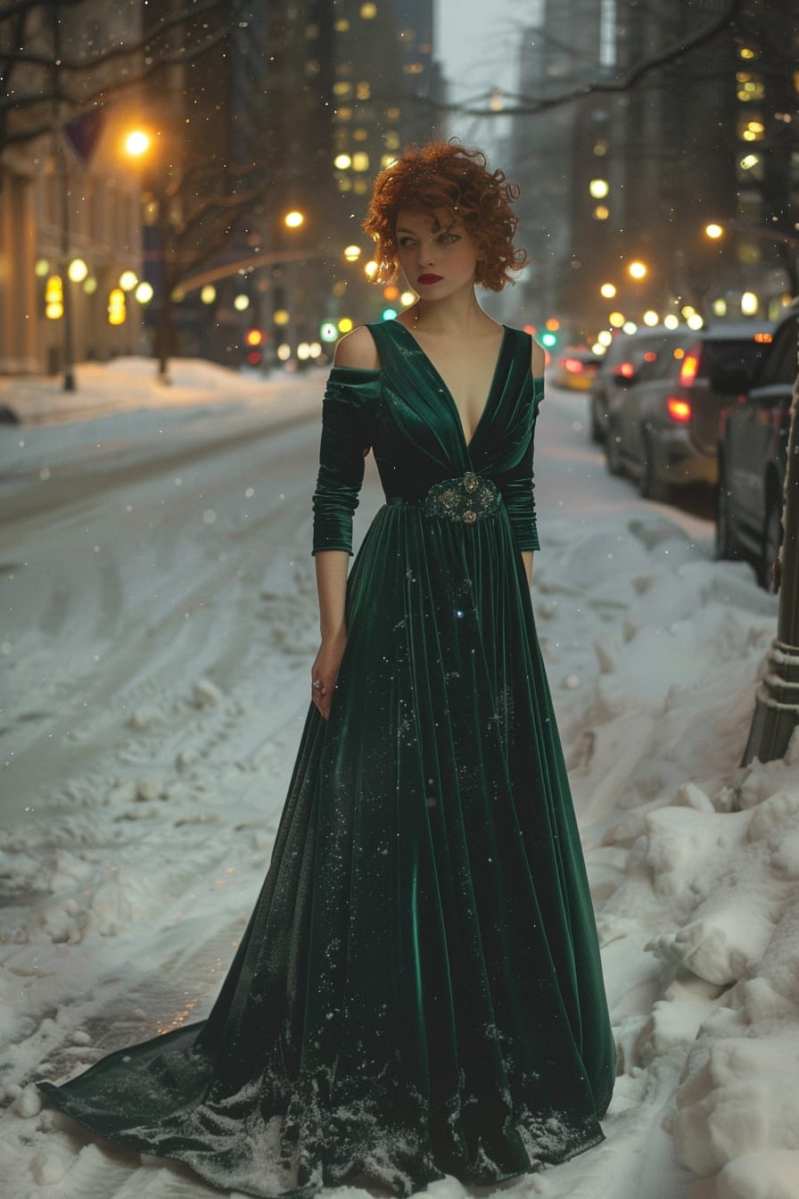  A full-length image of a young woman with curly auburn hair, wearing a deep emerald velvet dress, standing on a snow-covered city street, evening, soft streetlights illuminating the scene.