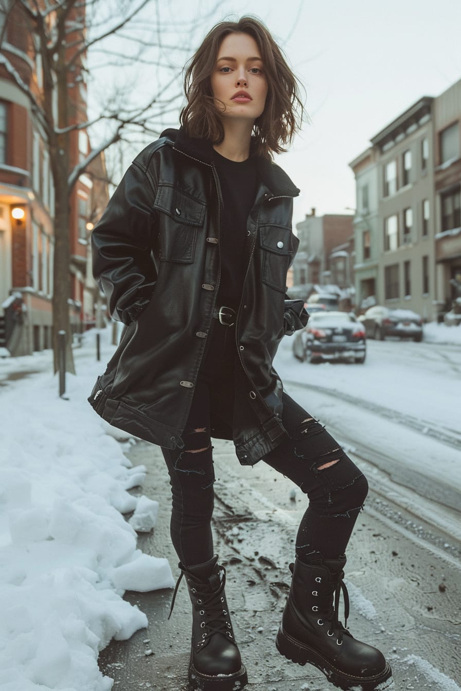  A full-length image of a young woman with shoulder-length brunette hair, wearing chunky black leather boots with visible laces, standing on a snowy city street, late afternoon light.