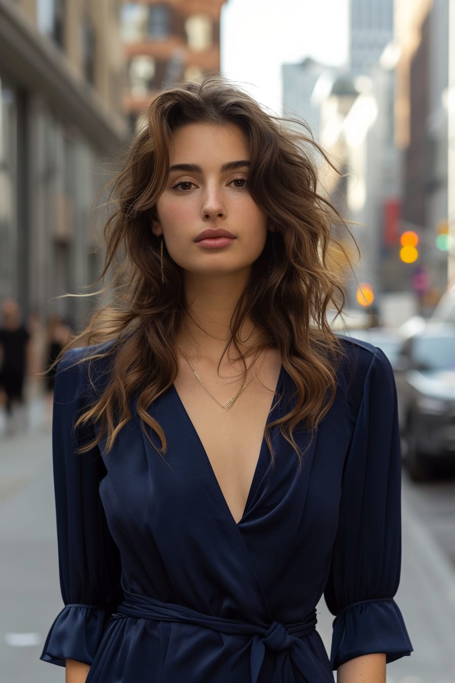  A full-length image of a young woman with wavy brunette hair, wearing a sleek, dark blue wrap dress, standing on a bustling city street, morning light.