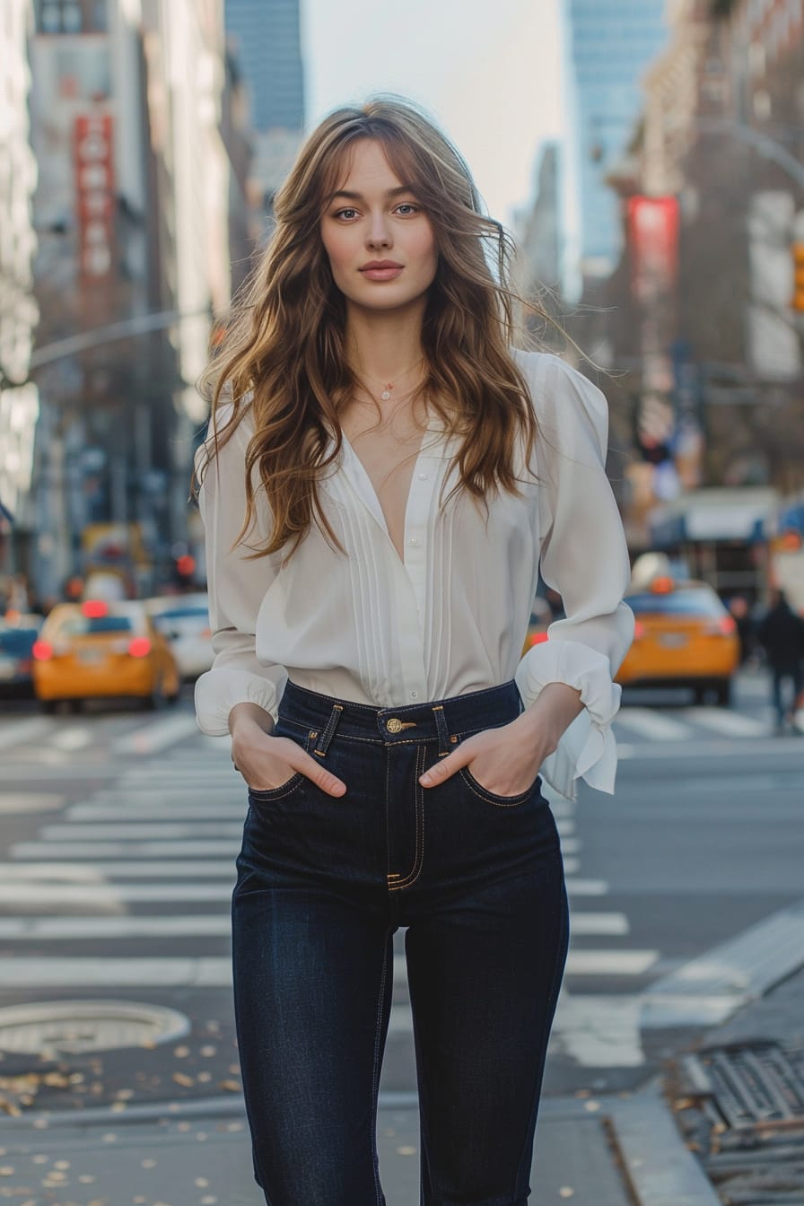  A full-length image of a young woman with wavy brown hair, wearing black ankle boots, dark blue jeans, and a white blouse. She's standing on a bustling city street, late afternoon.