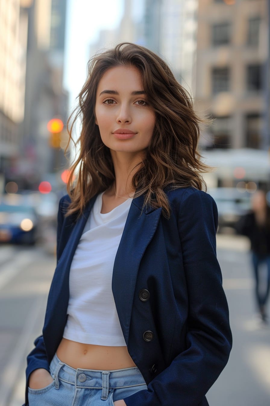  A full-length image of a stylish young woman with shoulder-length brunette hair, wearing a tailored navy blue blazer, white t-shirt, and high-waisted light blue jeans, standing on a bustling city street, late afternoon.