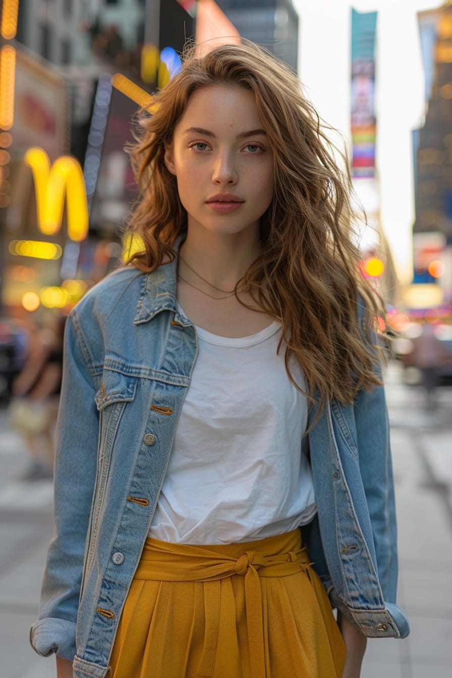  A full-length image of a young woman with wavy brown hair, wearing a light blue denim jacket, white t-shirt, and mustard yellow midi skirt, standing on a bustling city street, early evening.