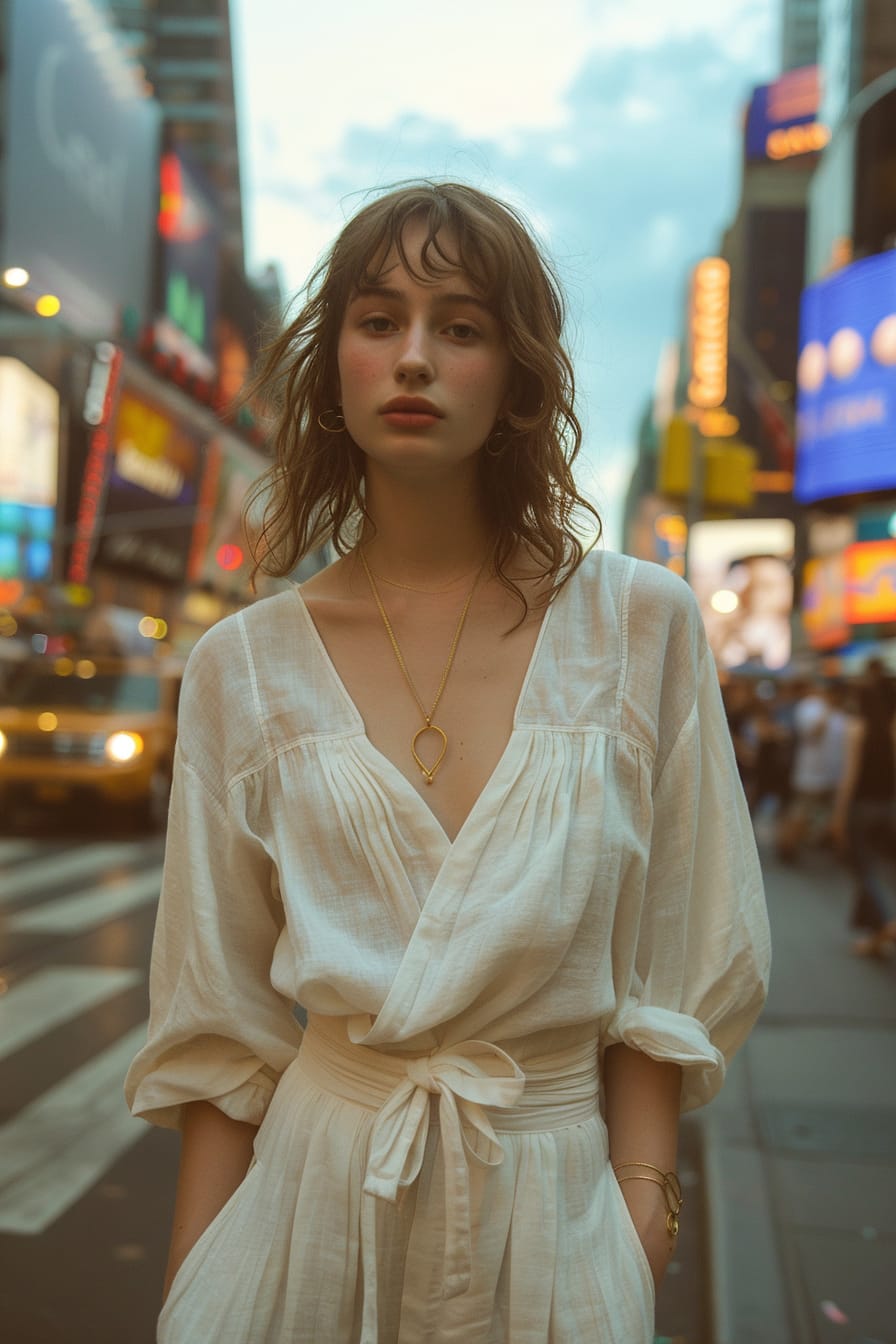  A full-length image of a young woman with wavy brunette hair, wearing cream-colored linen pants paired with a soft white blouse, standing on a bustling city street, early evening.